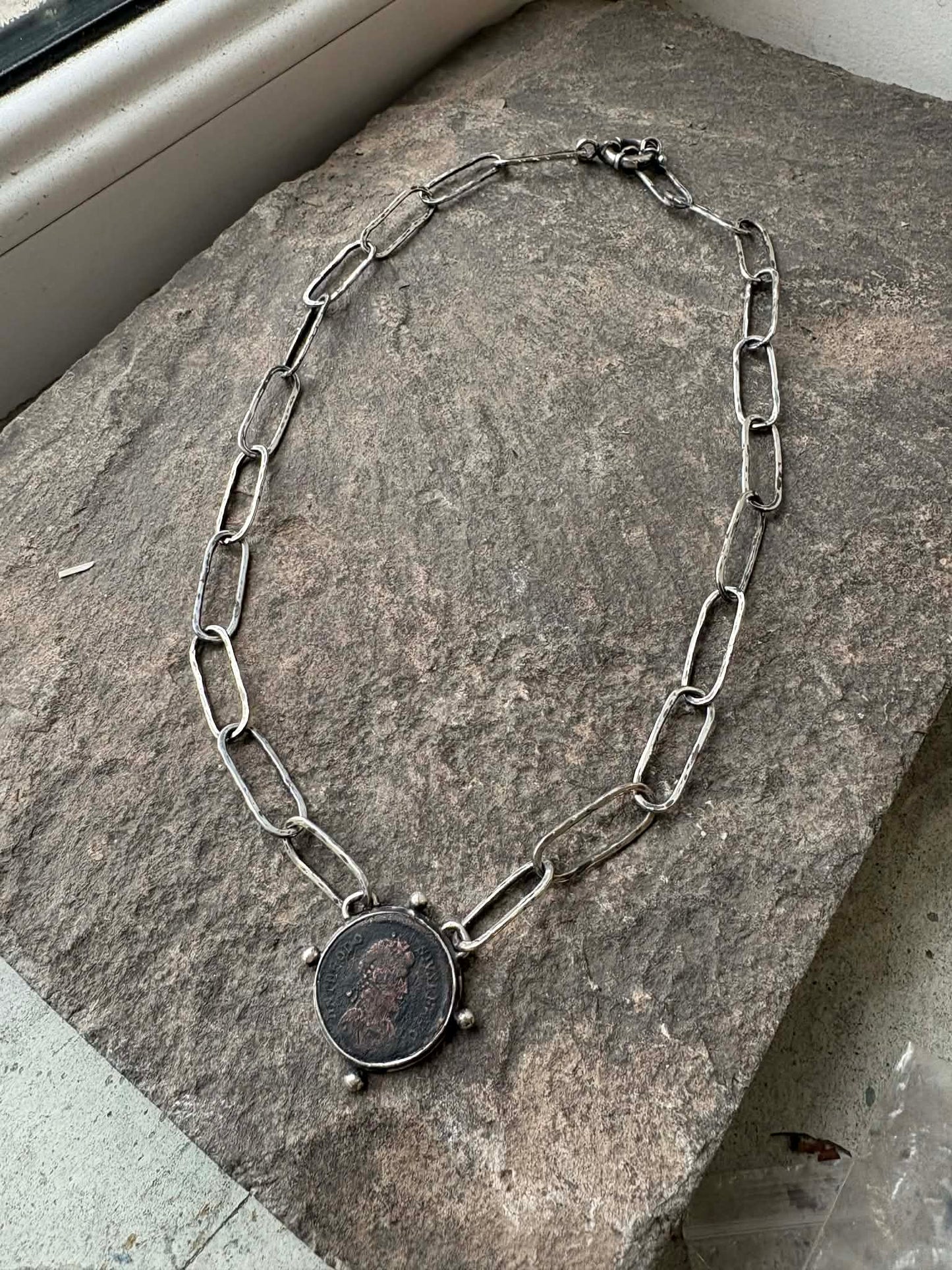 Sterling silver Armenian links necklace with old Roman coin