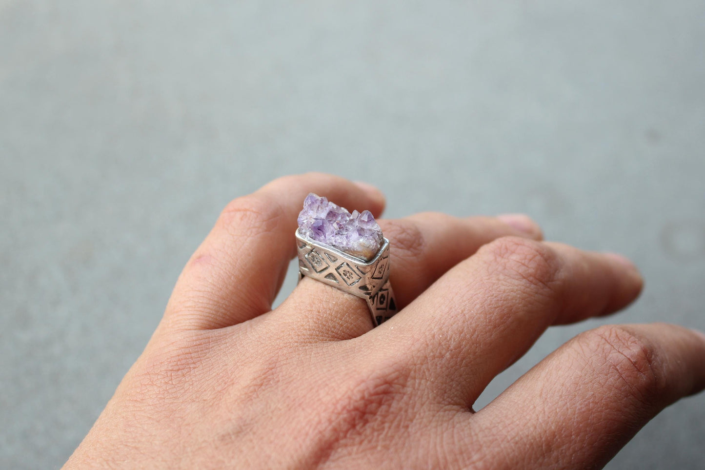 Sterling silver stamped oxidized armenian wide band cocktail ring with grey amethyst druzy, rustic, silversmith, etnic, chunky, contemporary