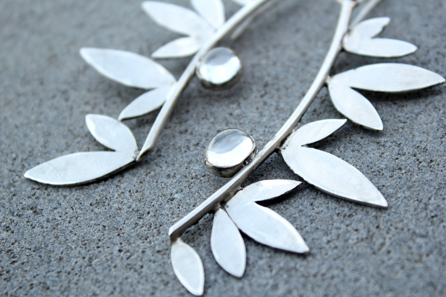 Sterling silver botanical long leaves, wings earrings with quartz, armenian, gift for her, silversmith, artisan, modern, minimalist, urban