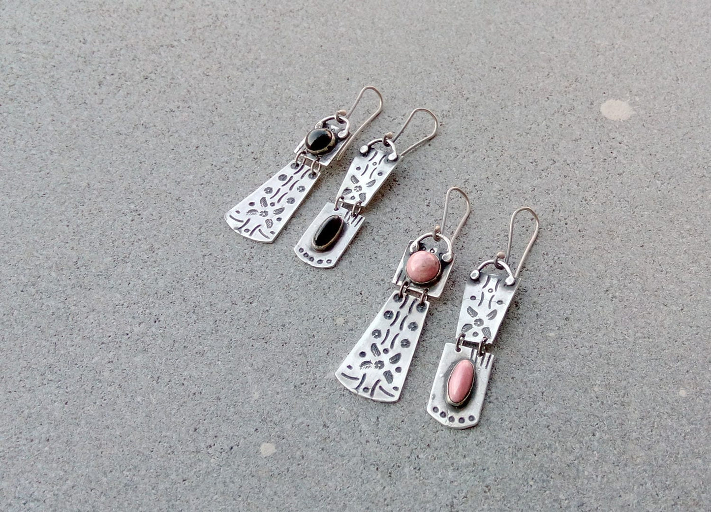 Sterling silver asymmetrical earrings with natural green malachite gemstone, armenian, rustic, artisan, unique, modern, nature, silversmith