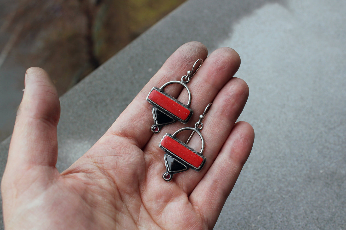 Sterling silver triangle earrings with red pressed coral, black onyx, garnet gemstones, armenian, rustic, silversmith, artisan, gift for her
