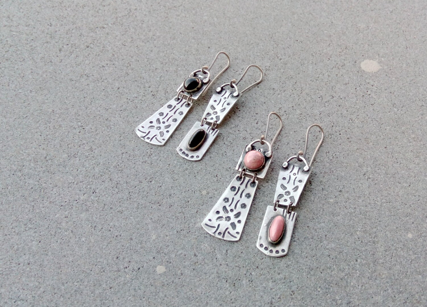 Sterling silver asymmetrical earrings with natural black onyx gemstone, armenian, rustic, artisan, unique, modern, oxidized, silversmith