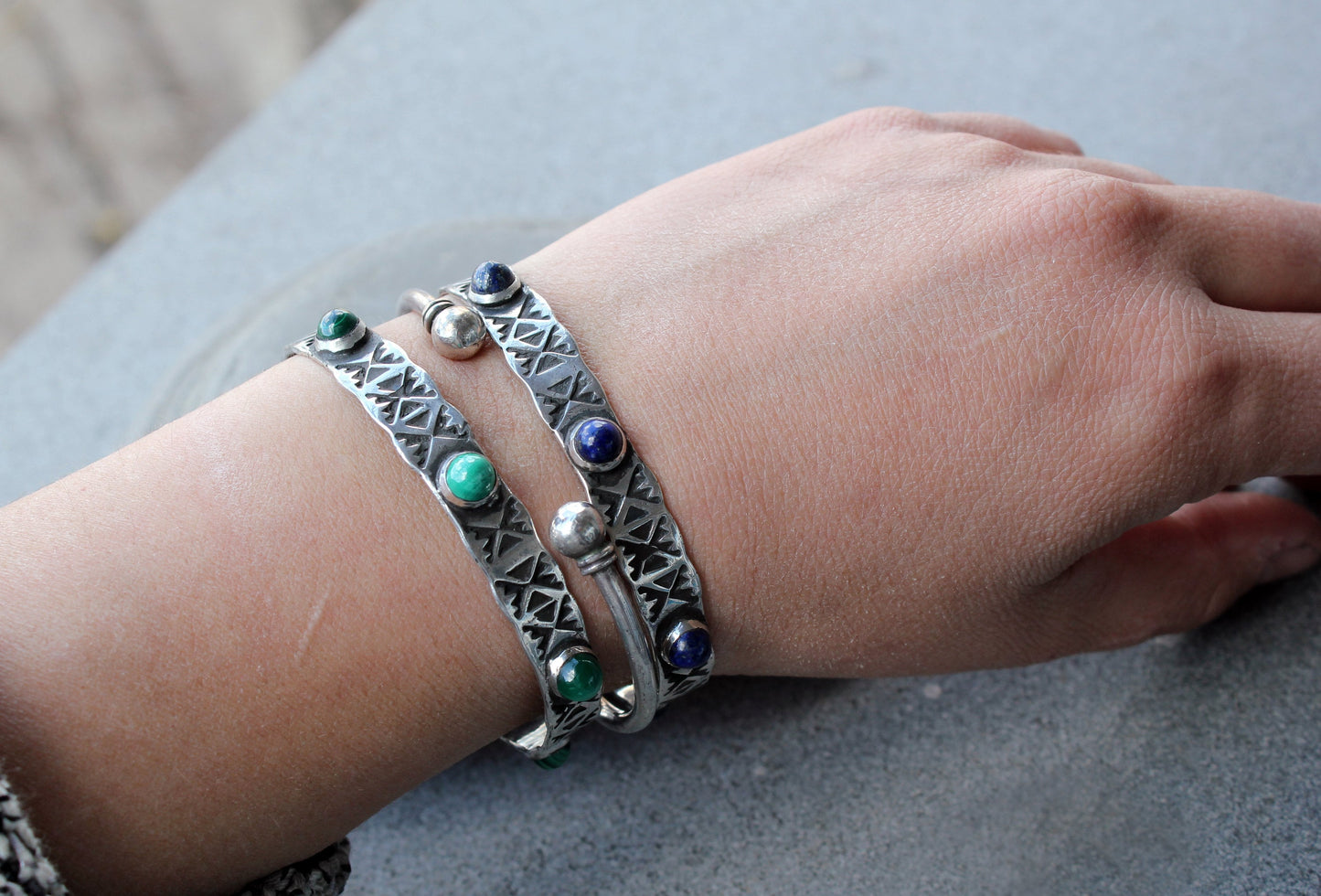 Sterling silver hand stamped thick bangle cuff bracelet with green malachite, armenian, ethnic, silversmith, layered boho, graduation gift