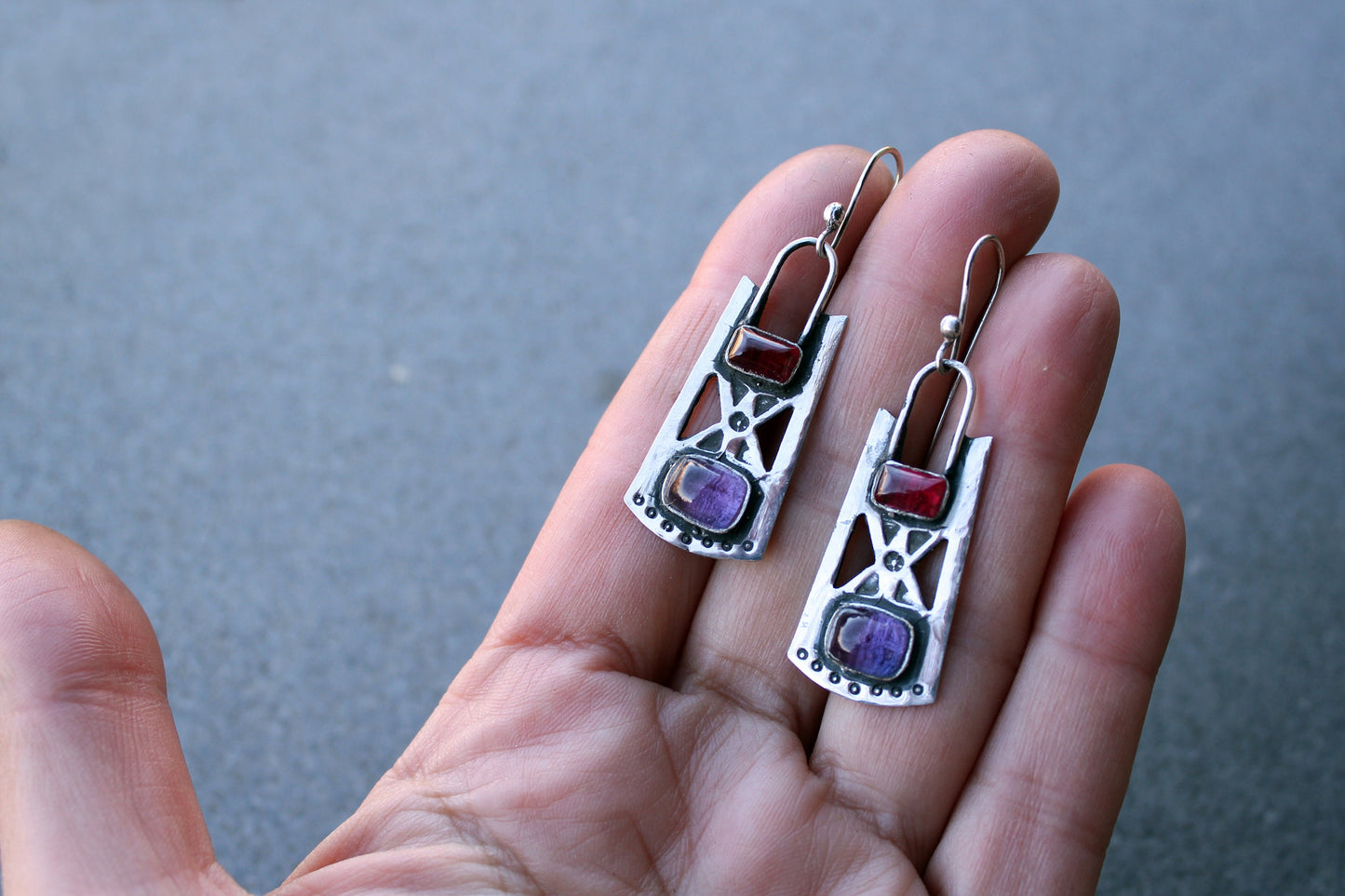 Sterling silver stamped oxidized metalsmith earrings with dark pink and purple corundum, Armenian, rustic, silversmith, artisan, for her