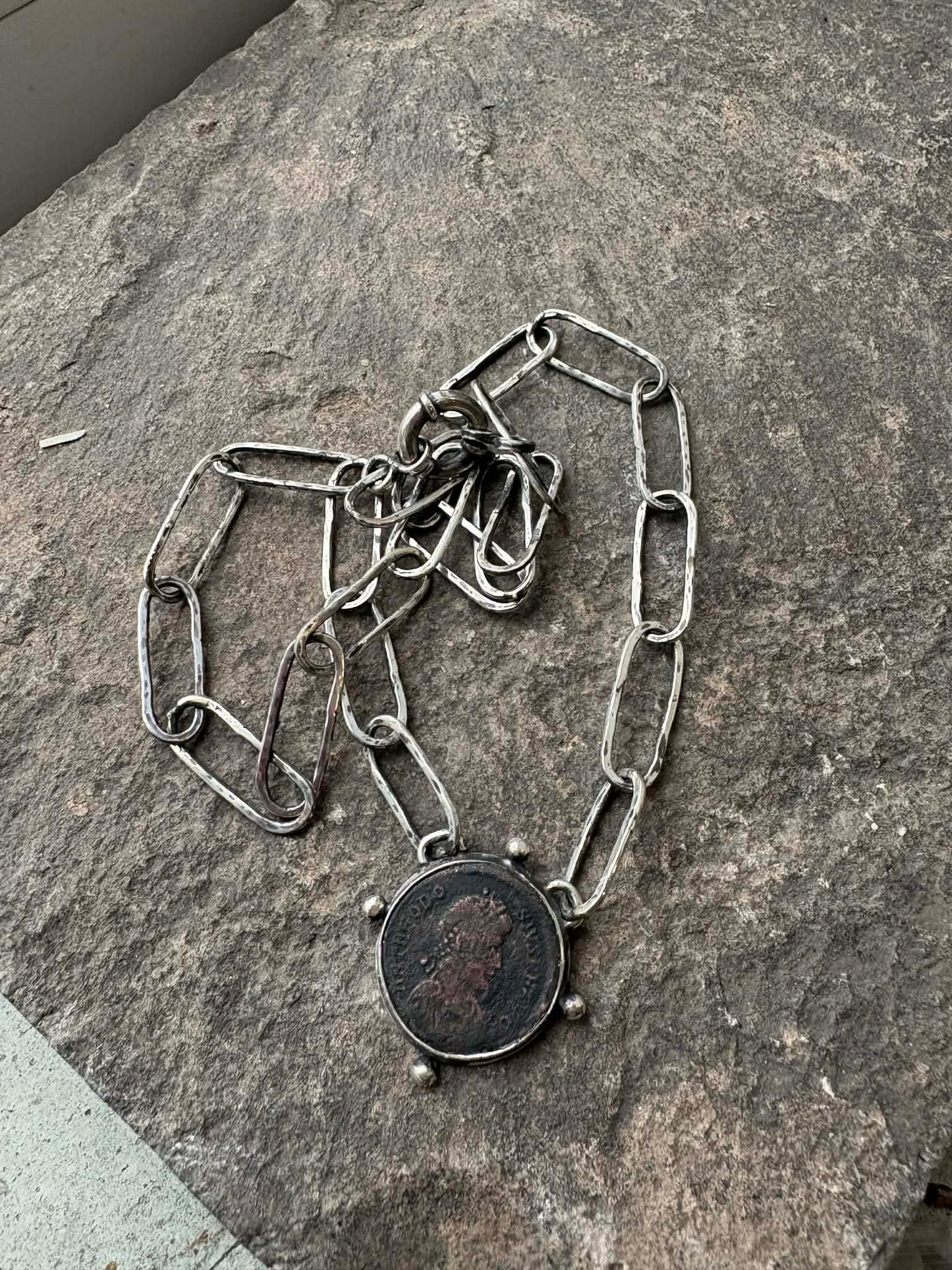 Sterling silver Armenian links necklace with old Roman coin