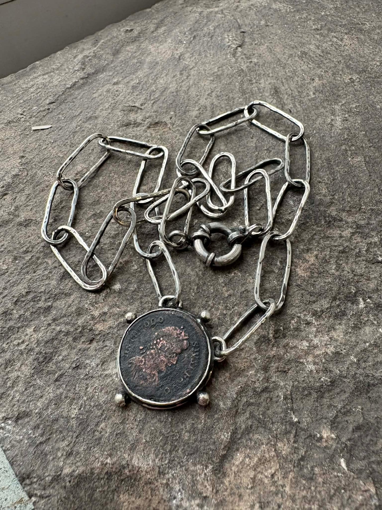 Sterling silver Armenian links necklace with old Roman coin