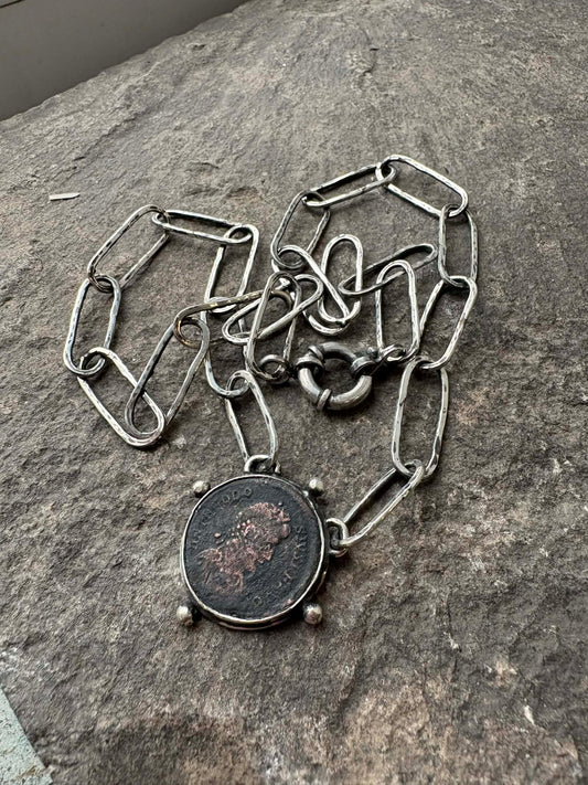 Sterling silver Armenian links necklace with old Roman coin