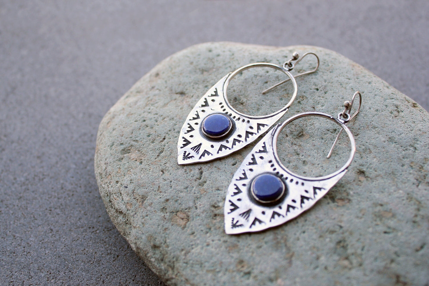 Sterling silver big ethnic stamped oxidized Armenian earrings with blue lapis lazuli, artisan, whimsy, unique, modern, urban, gift for her