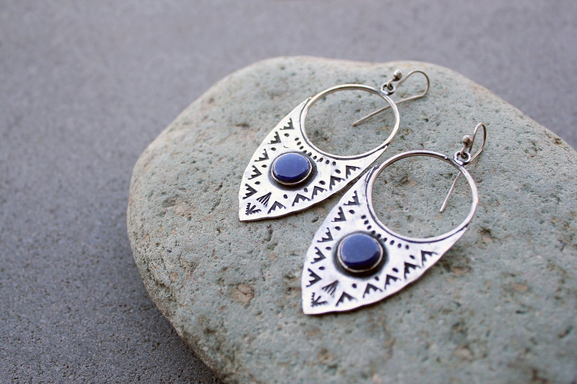 Sterling silver big ethnic stamped oxidized Armenian earrings with blue lapis lazuli, artisan, whimsy, unique, modern, urban, gift for her