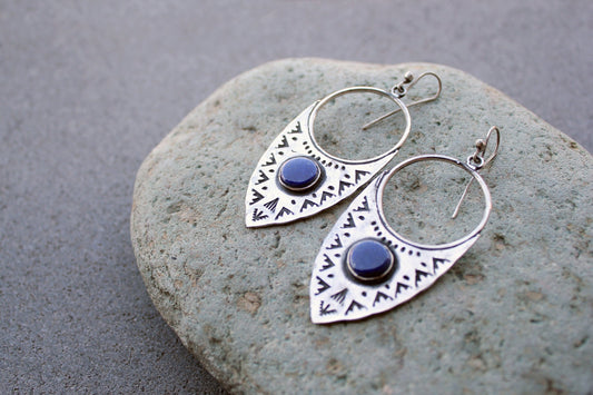 Sterling silver big ethnic stamped oxidized Armenian earrings with blue lapis lazuli, artisan, whimsy, unique, modern, urban, gift for her