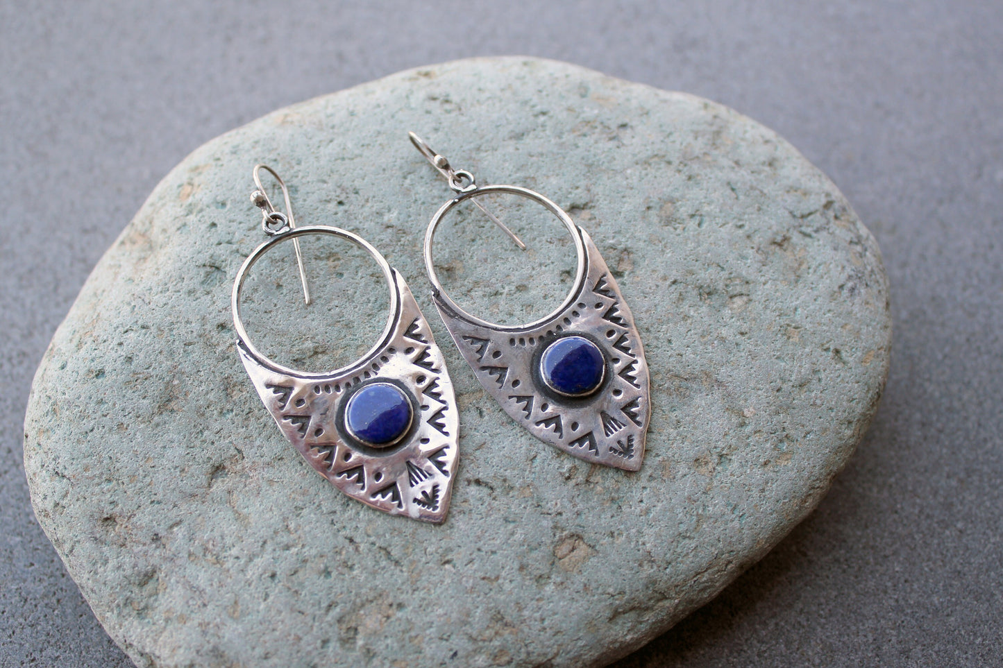 Sterling silver big ethnic stamped oxidized Armenian earrings with blue lapis lazuli, artisan, whimsy, unique, modern, urban, gift for her