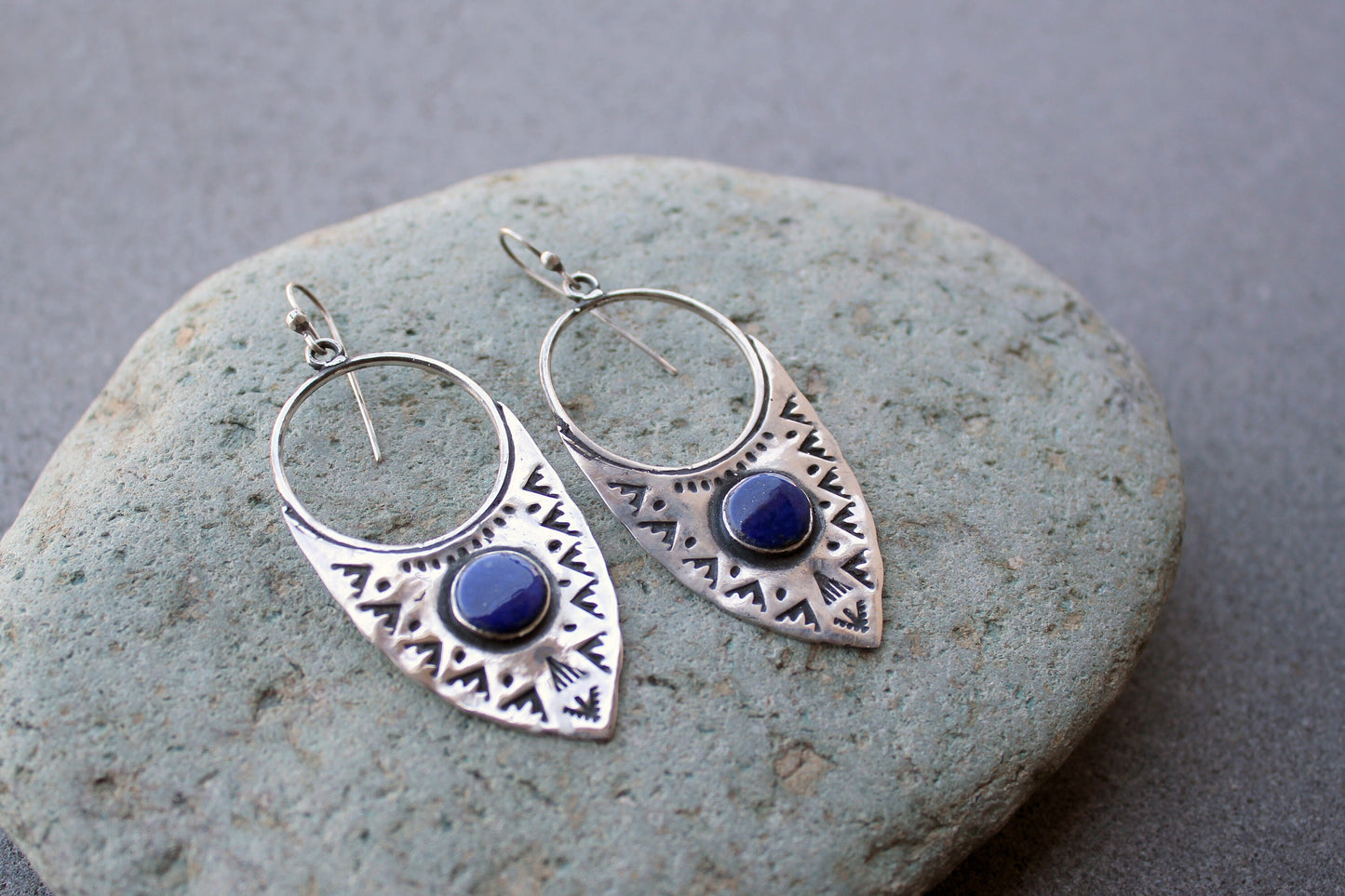 Sterling silver big ethnic stamped oxidized Armenian earrings with blue lapis lazuli, artisan, whimsy, unique, modern, urban, gift for her