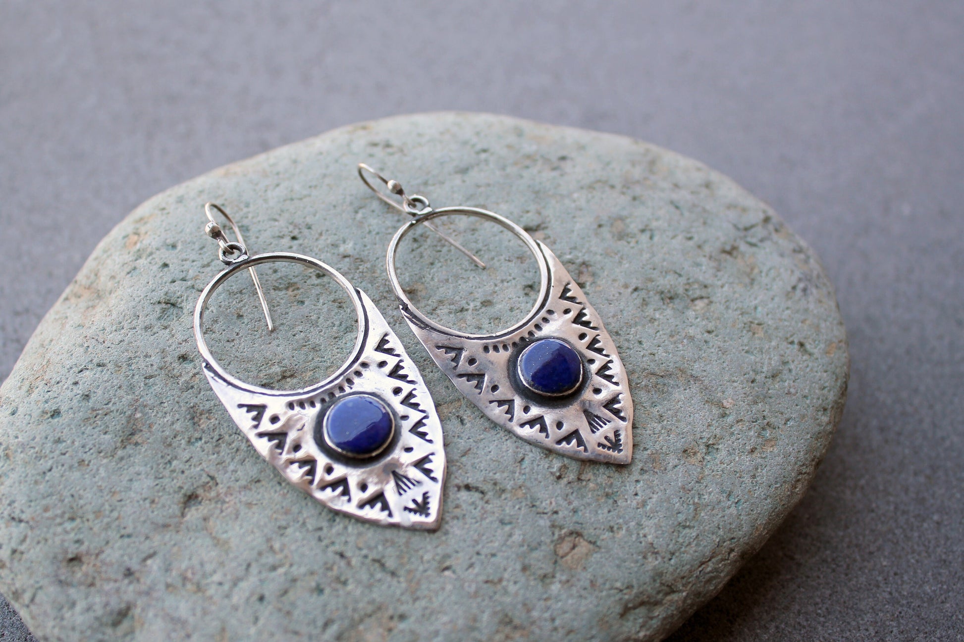 Sterling silver big ethnic stamped oxidized Armenian earrings with blue lapis lazuli, artisan, whimsy, unique, modern, urban, gift for her