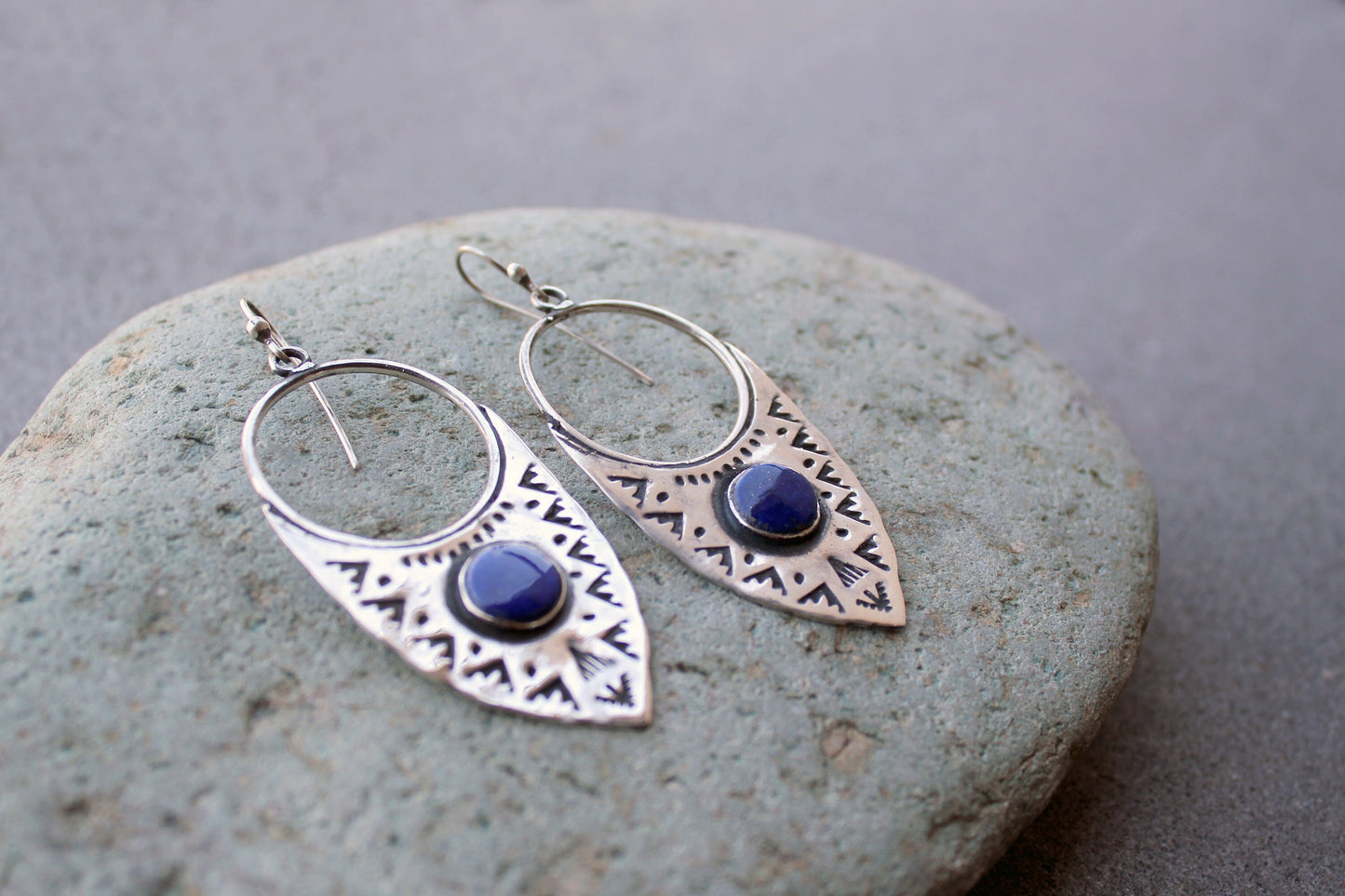 Sterling silver big ethnic stamped oxidized Armenian earrings with blue lapis lazuli, artisan, whimsy, unique, modern, urban, gift for her