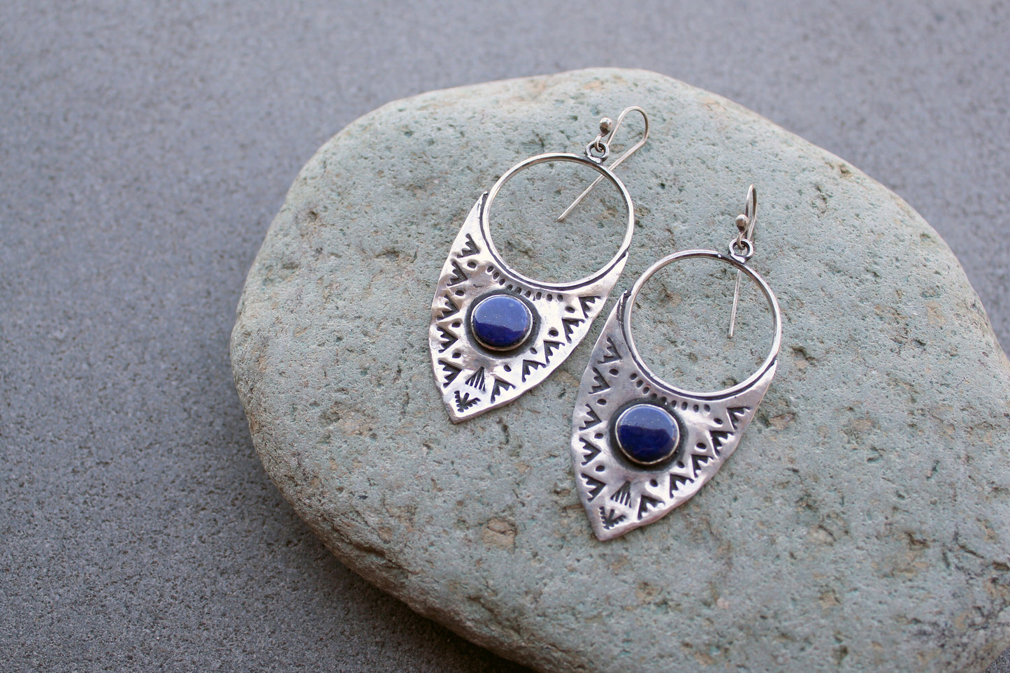 Sterling silver big ethnic stamped oxidized Armenian earrings with blue lapis lazuli, artisan, whimsy, unique, modern, urban, gift for her