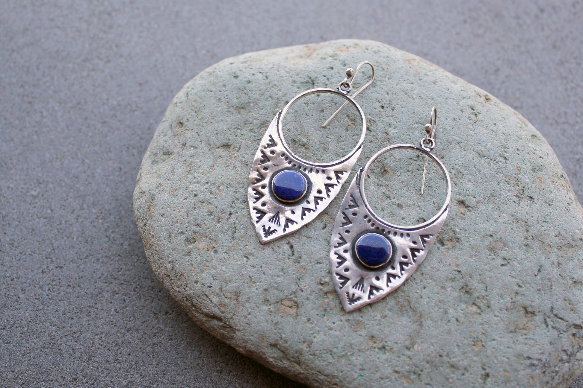 Sterling silver big ethnic stamped oxidized Armenian earrings with blue lapis lazuli, artisan, whimsy, unique, modern, urban, gift for her