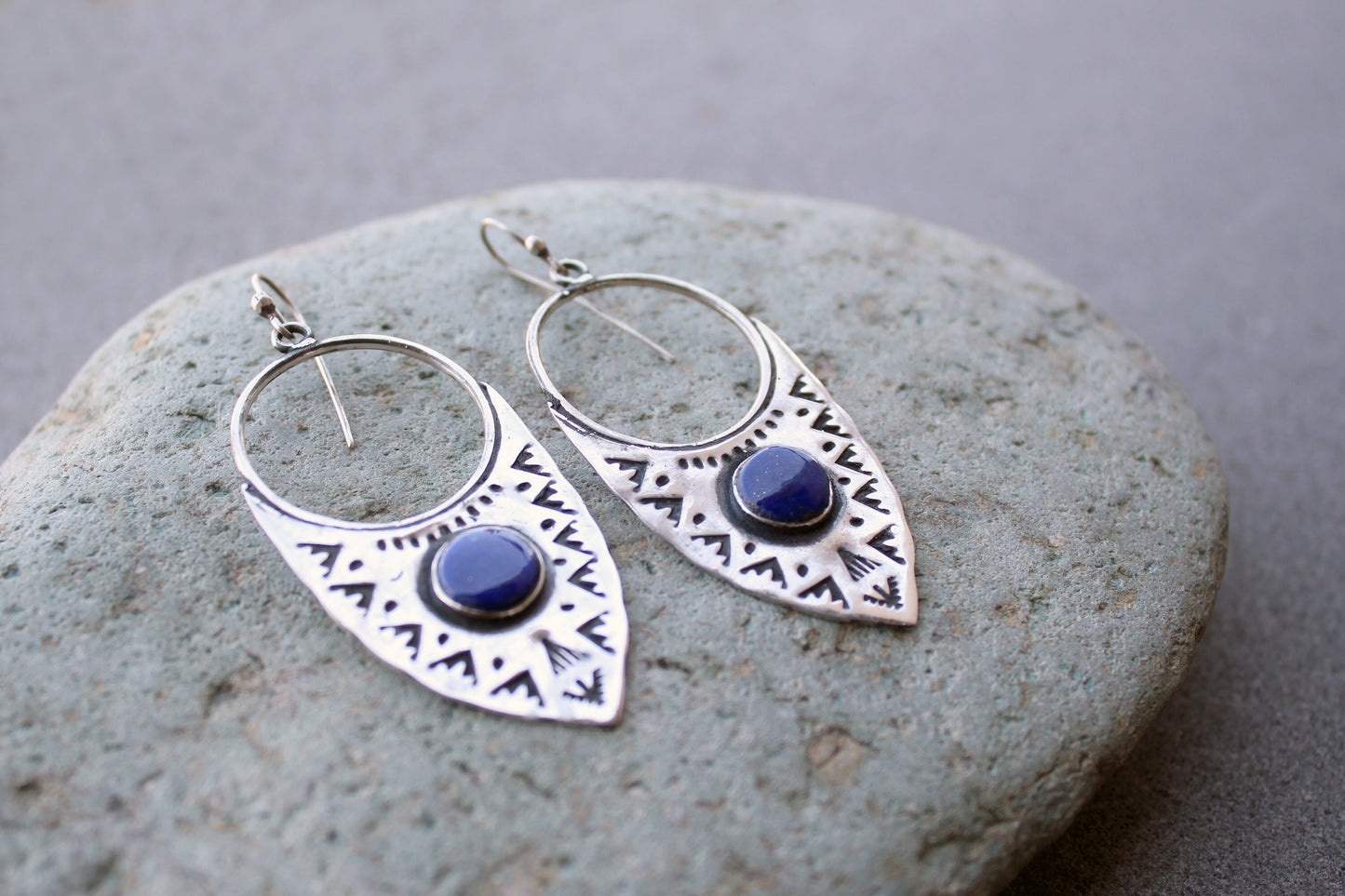 Sterling silver big ethnic stamped oxidized Armenian earrings with blue lapis lazuli, artisan, whimsy, unique, modern, urban, gift for her