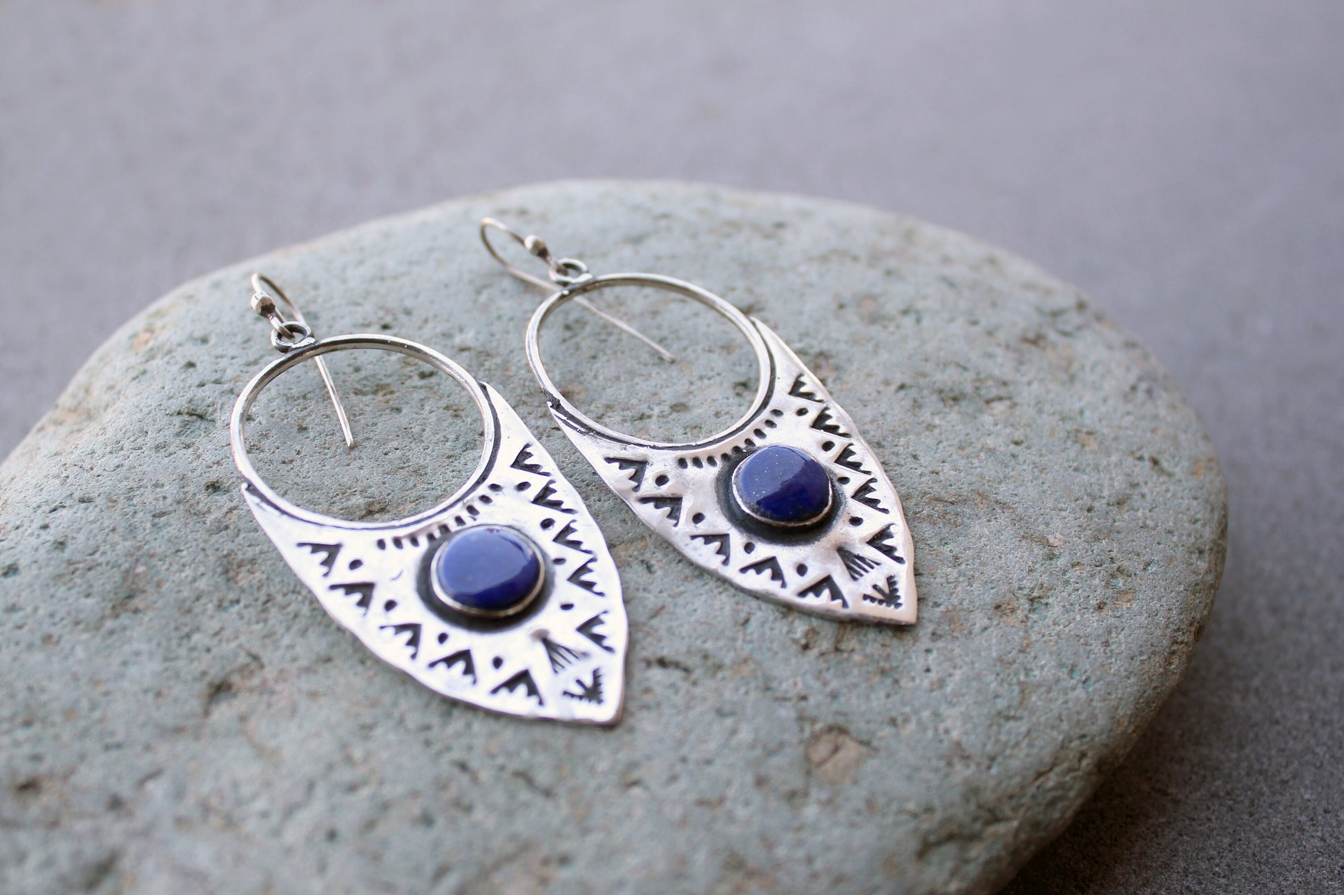 Sterling silver big ethnic stamped oxidized Armenian earrings with blue lapis lazuli, artisan, whimsy, unique, modern, urban, gift for her
