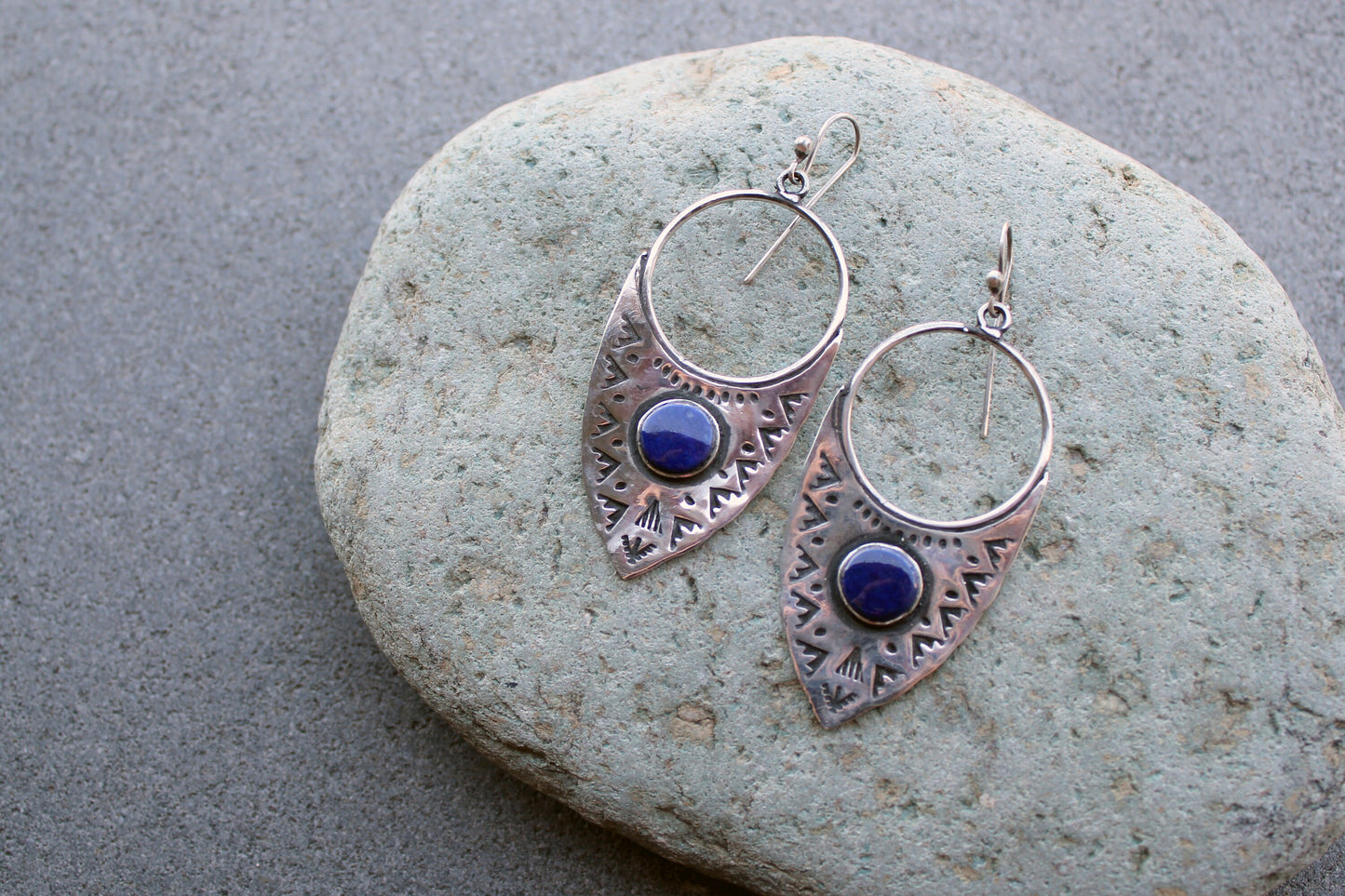 Sterling silver big ethnic stamped oxidized Armenian earrings with blue lapis lazuli, artisan, whimsy, unique, modern, urban, gift for her