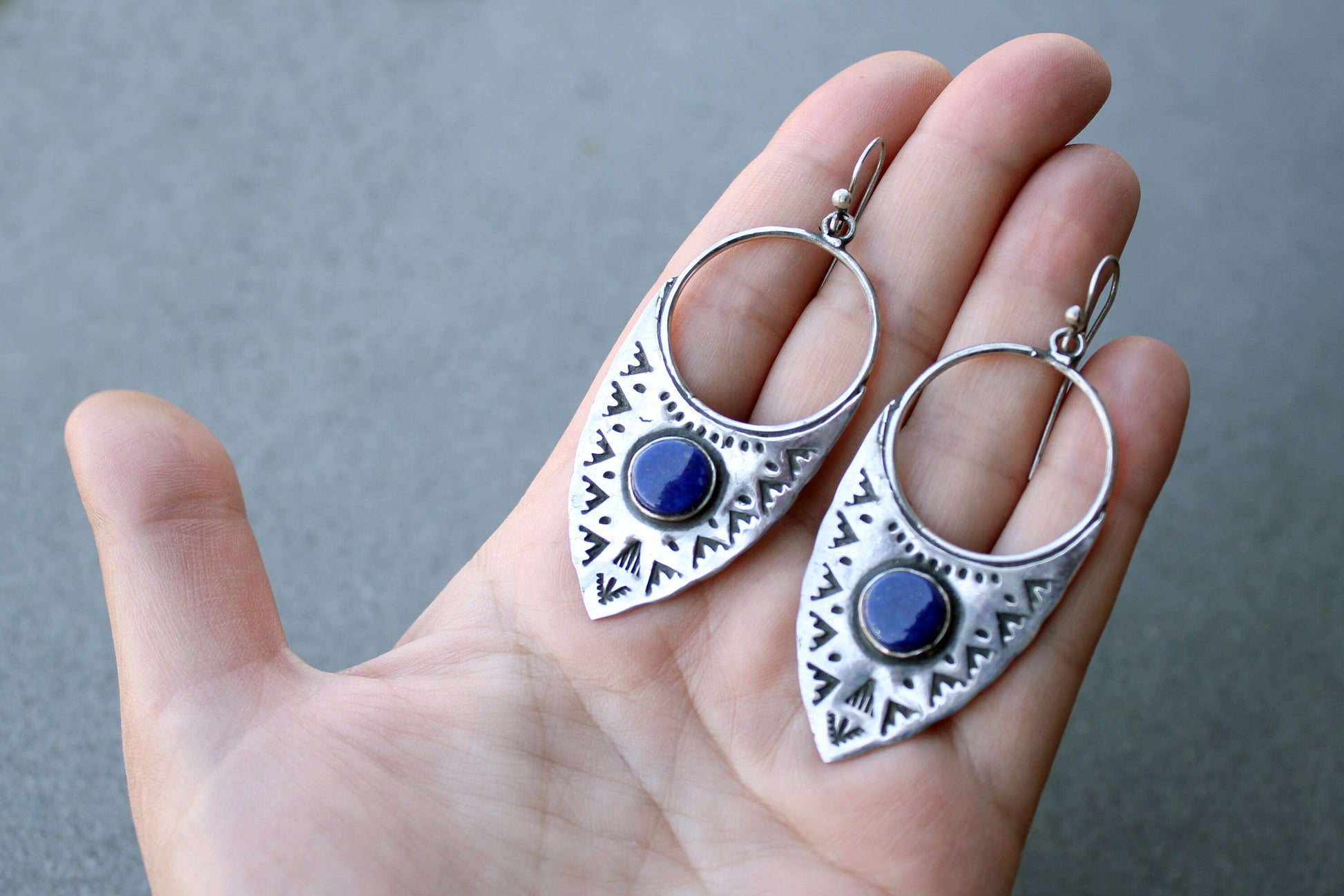 Sterling silver big ethnic stamped oxidized Armenian earrings with blue lapis lazuli, artisan, whimsy, unique, modern, urban, gift for her