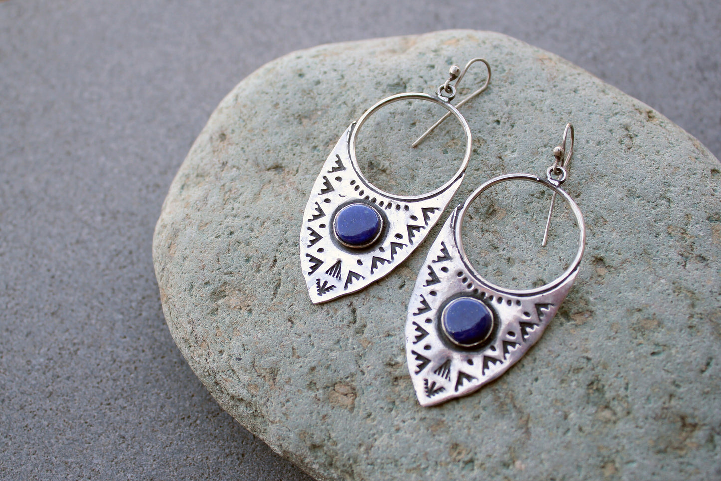 Sterling silver big ethnic stamped oxidized Armenian earrings with blue lapis lazuli, artisan, whimsy, unique, modern, urban, gift for her
