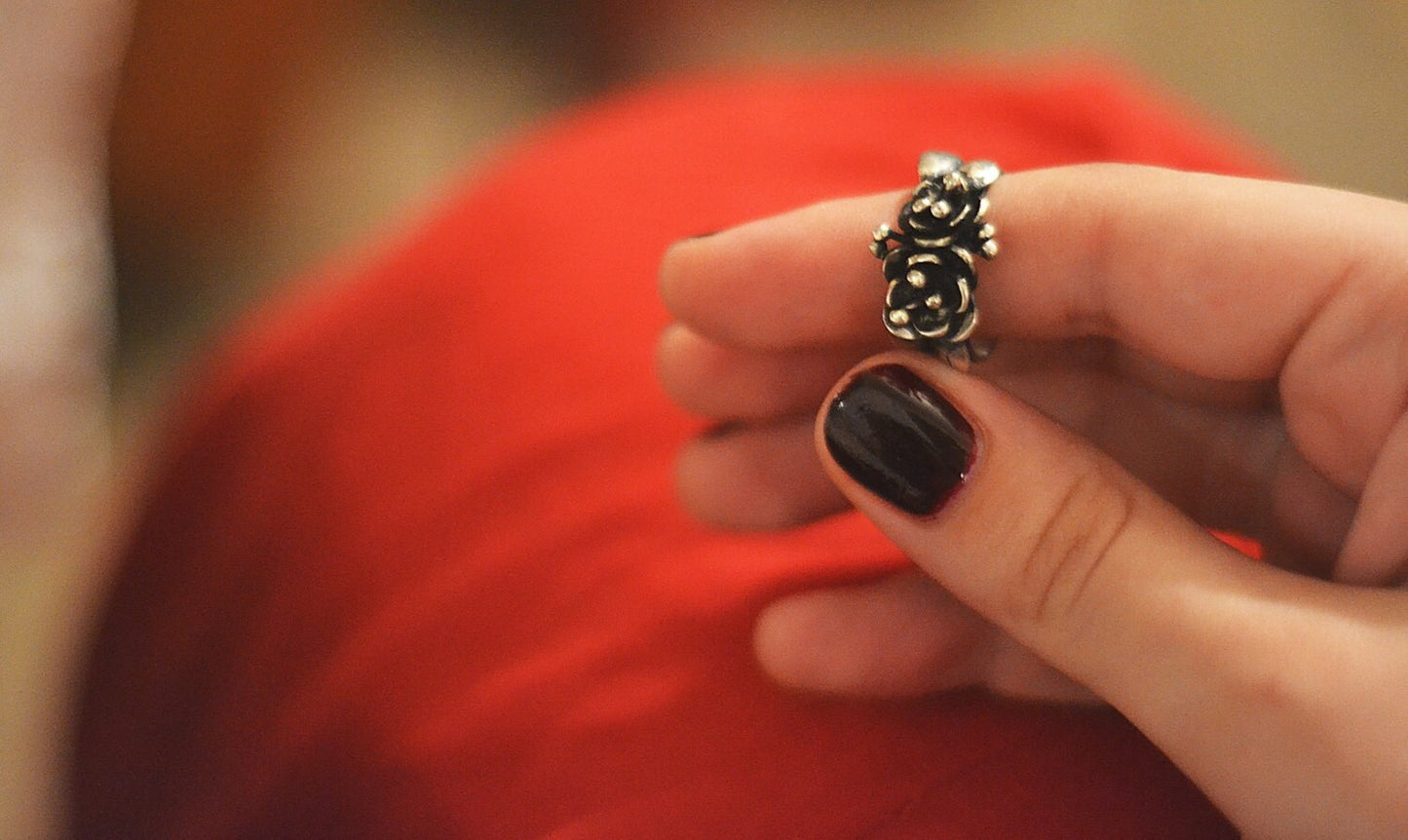 Sterling silver flower ring, botanical, boho, floral, bohemian, ethnic, rustic, artisan, armenian jewelry, silversmith jewelry, oxidized