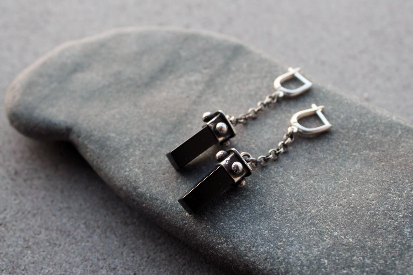 Sterling silver oxidized Armenian long earrings with chain, natural black onyx, artisan, silversmith, autumn, gothic, gift for her,