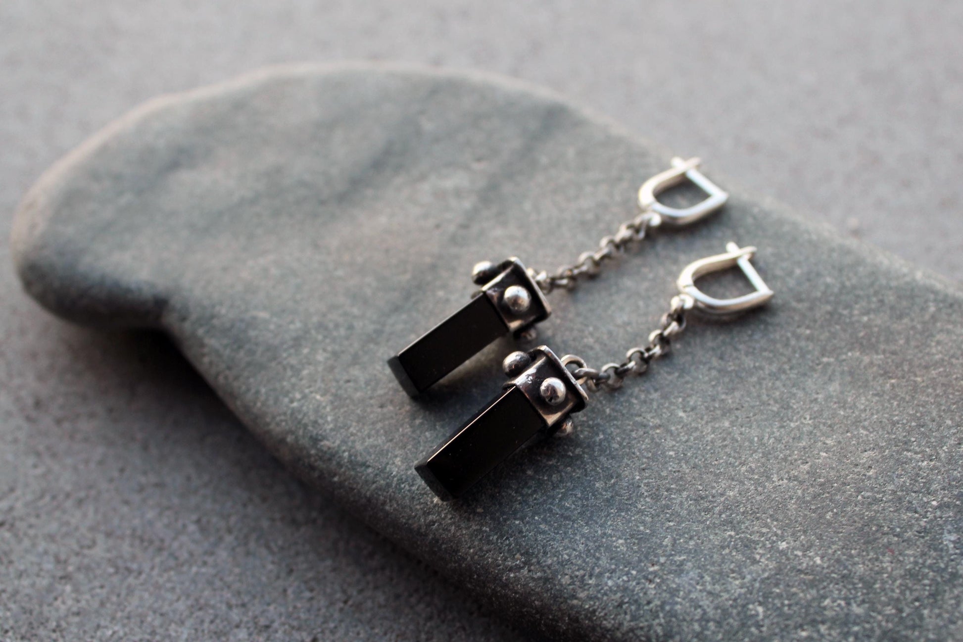Sterling silver oxidized Armenian long earrings with chain, natural black onyx, artisan, silversmith, autumn, gothic, gift for her,