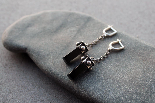 Sterling silver oxidized Armenian long earrings with chain, natural black onyx, artisan, silversmith, autumn, gothic, gift for her,