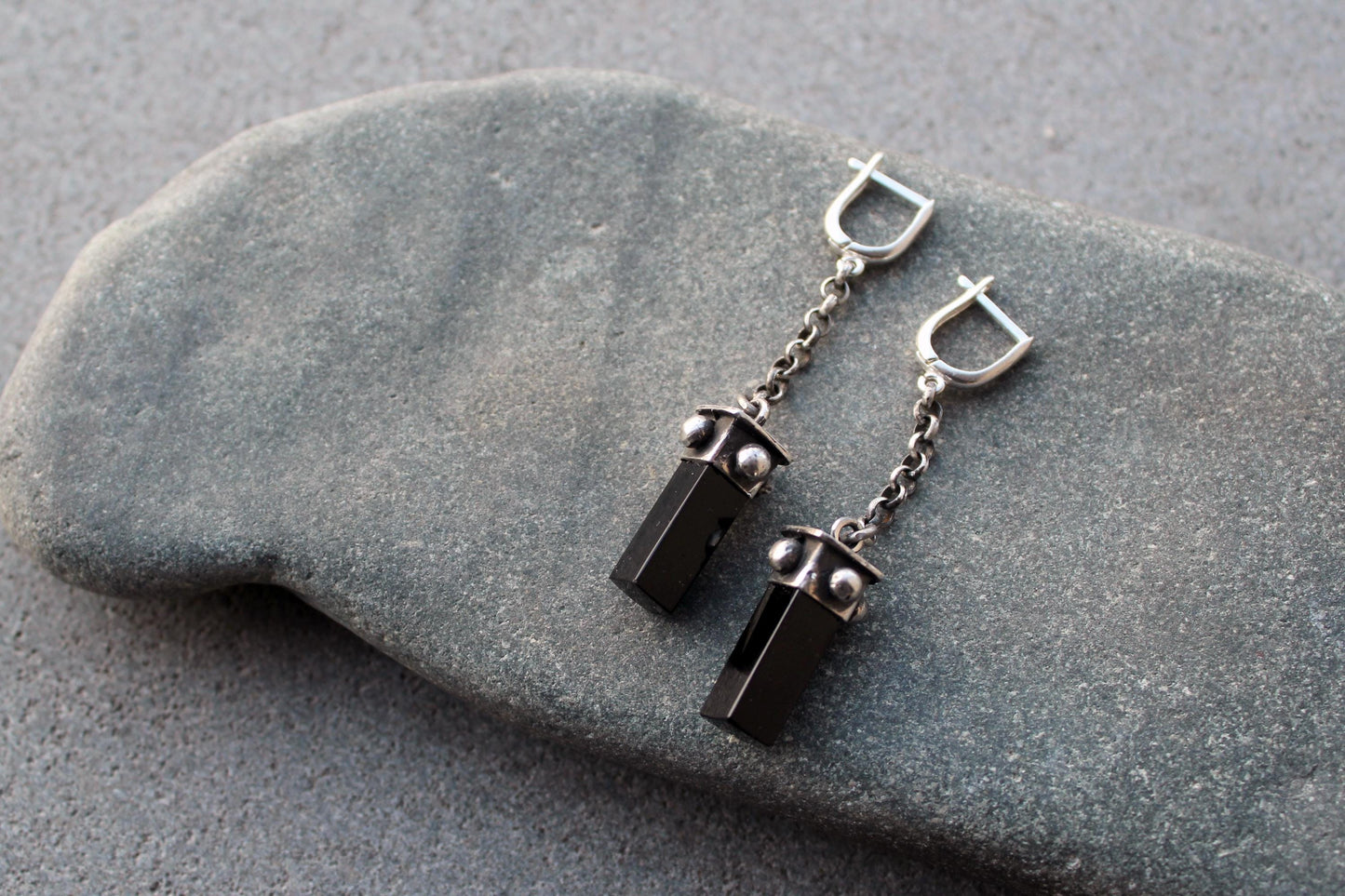 Sterling silver oxidized Armenian long earrings with chain, natural black onyx, artisan, silversmith, autumn, gothic, gift for her,