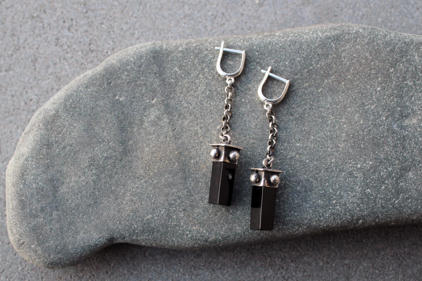Sterling silver oxidized Armenian long earrings with chain, natural black onyx, artisan, silversmith, autumn, gothic, gift for her,