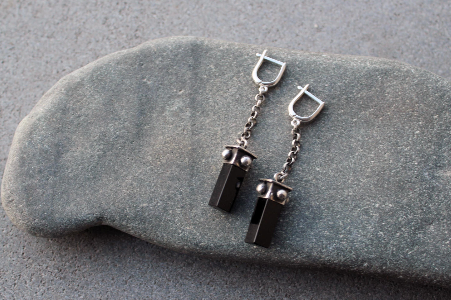 Sterling silver oxidized Armenian long earrings with chain, natural black onyx, artisan, silversmith, autumn, gothic, gift for her,