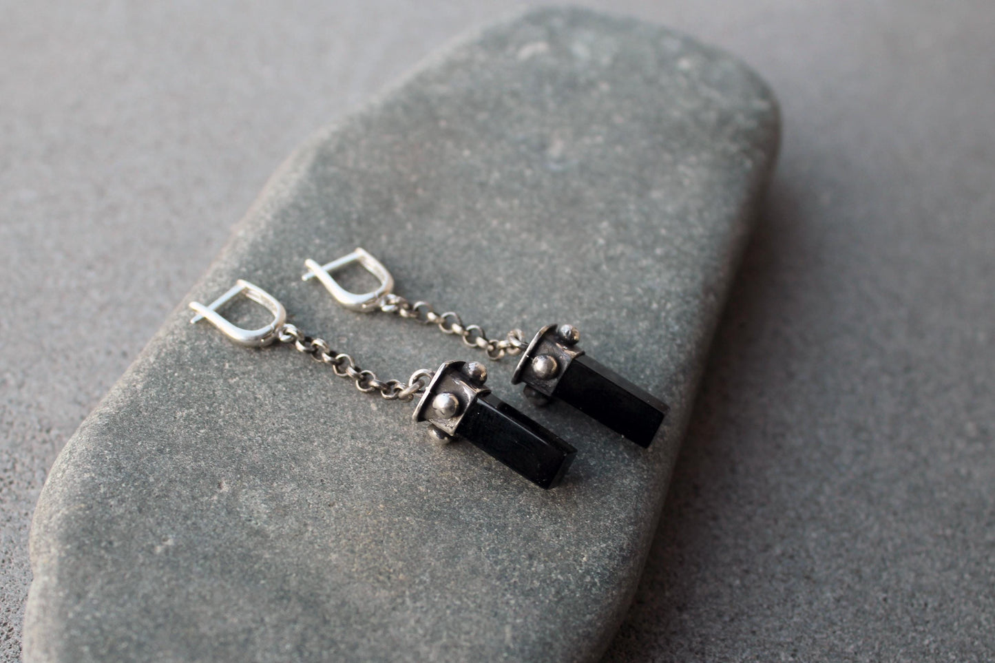 Sterling silver oxidized Armenian long earrings with chain, natural black onyx, artisan, silversmith, autumn, gothic, gift for her,