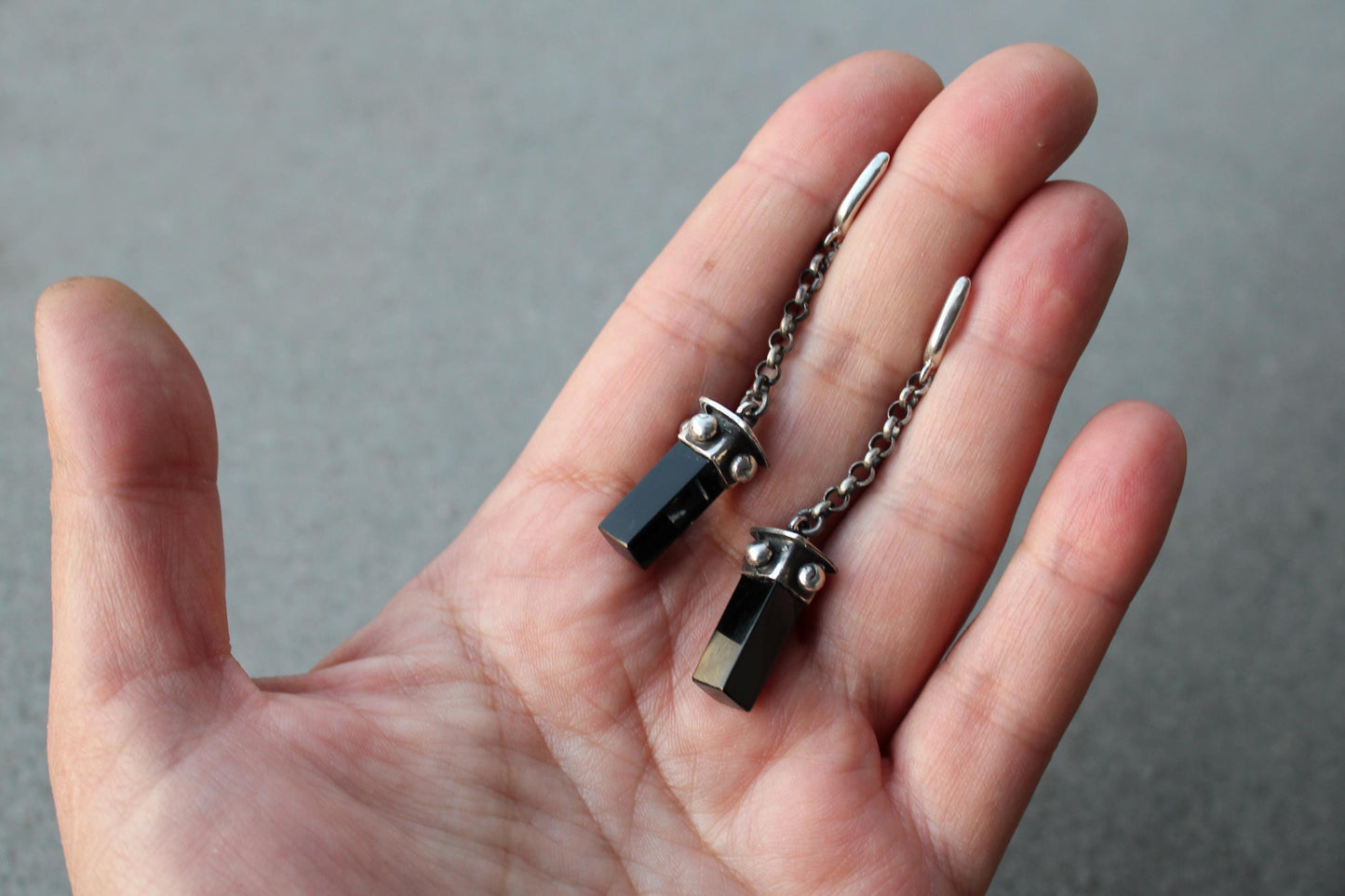 Sterling silver oxidized Armenian long earrings with chain, natural black onyx, artisan, silversmith, autumn, gothic, gift for her,