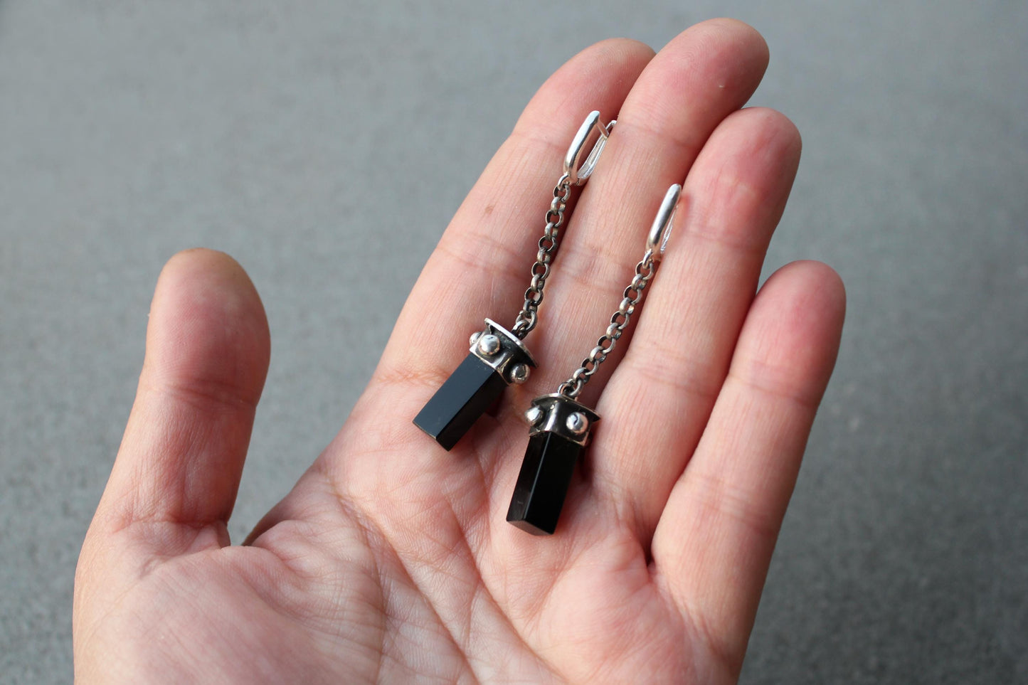 Sterling silver oxidized Armenian long earrings with chain, natural black onyx, artisan, silversmith, autumn, gothic, gift for her,