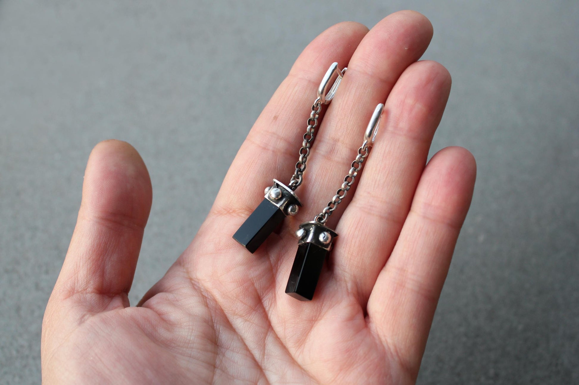 Sterling silver oxidized Armenian long earrings with chain, natural black onyx, artisan, silversmith, autumn, gothic, gift for her,