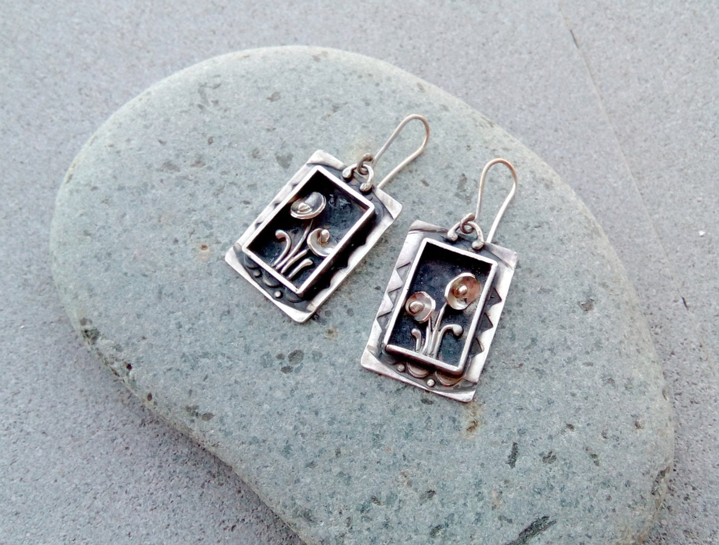 Sterling silver bohemian earrings with flowers, floral, botanical, nature, majestic, rustic, artisan, silversmith, metalsmith, armenian