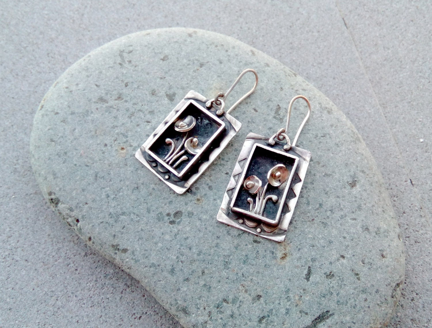 Sterling silver bohemian earrings with flowers, floral, botanical, nature, majestic, rustic, artisan, silversmith, metalsmith, armenian