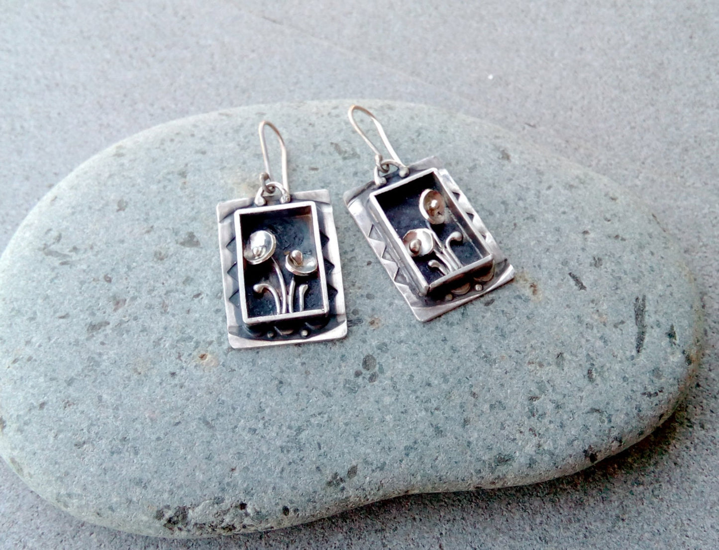 Sterling silver bohemian earrings with flowers, floral, botanical, nature, majestic, rustic, artisan, silversmith, metalsmith, armenian