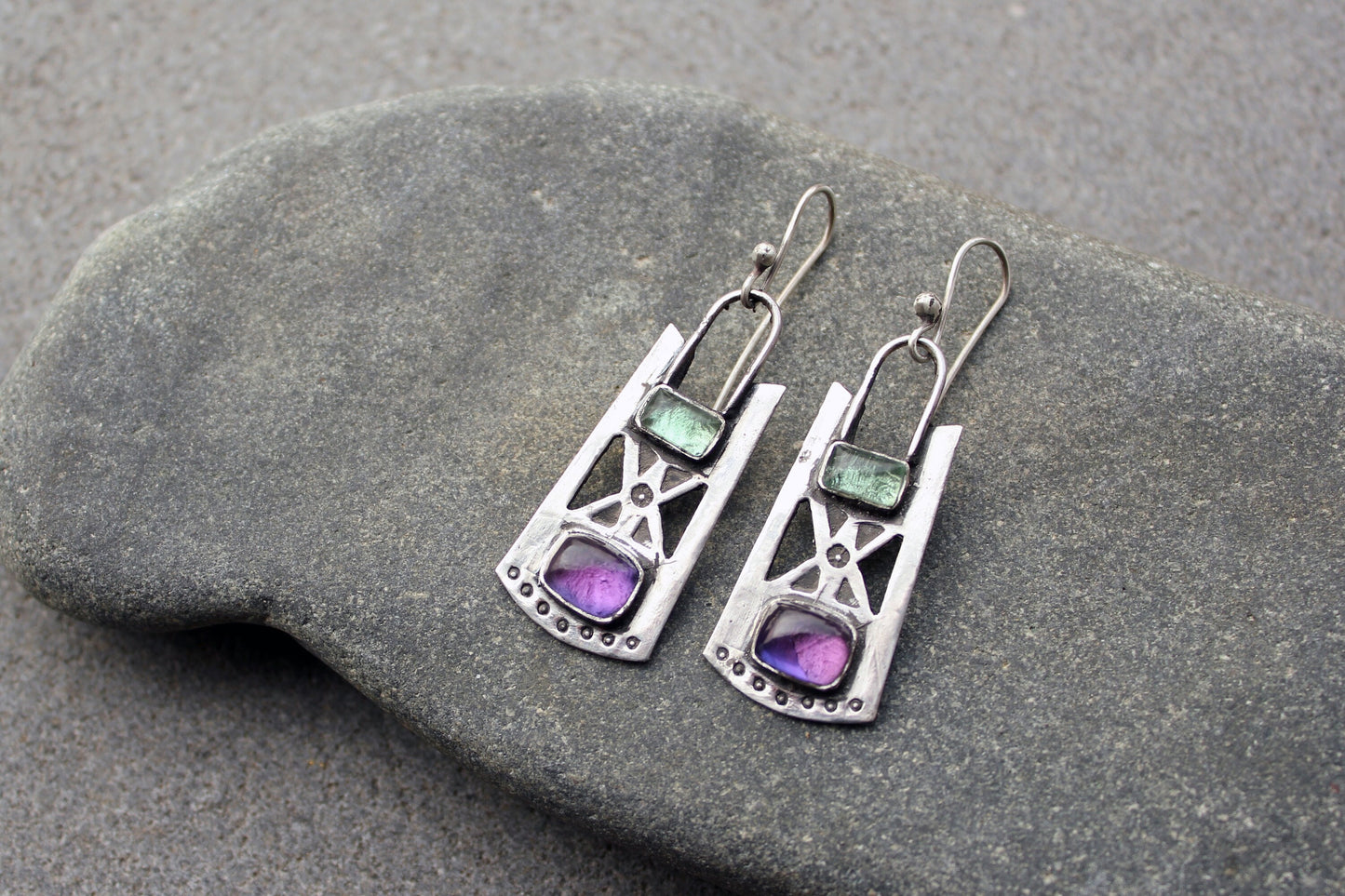 Sterling silver stamped oxidized metalsmith earrings with light green and purple corundum, Armenian, rustic, silversmith, artisan, for her