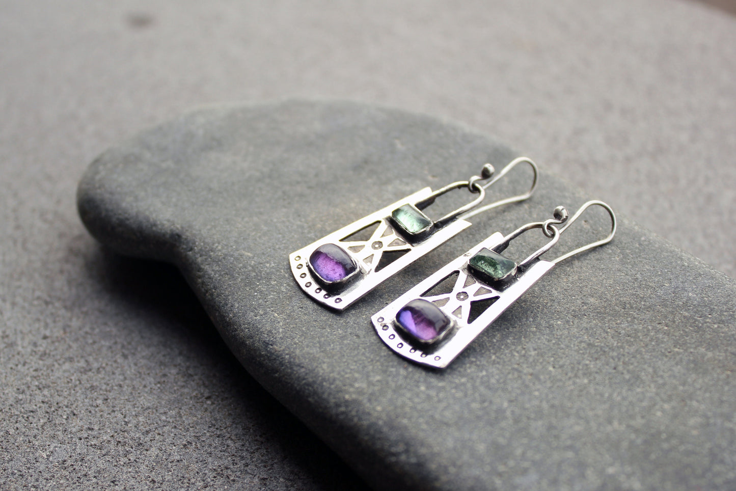 Sterling silver stamped oxidized metalsmith earrings with light green and purple corundum, Armenian, rustic, silversmith, artisan, for her