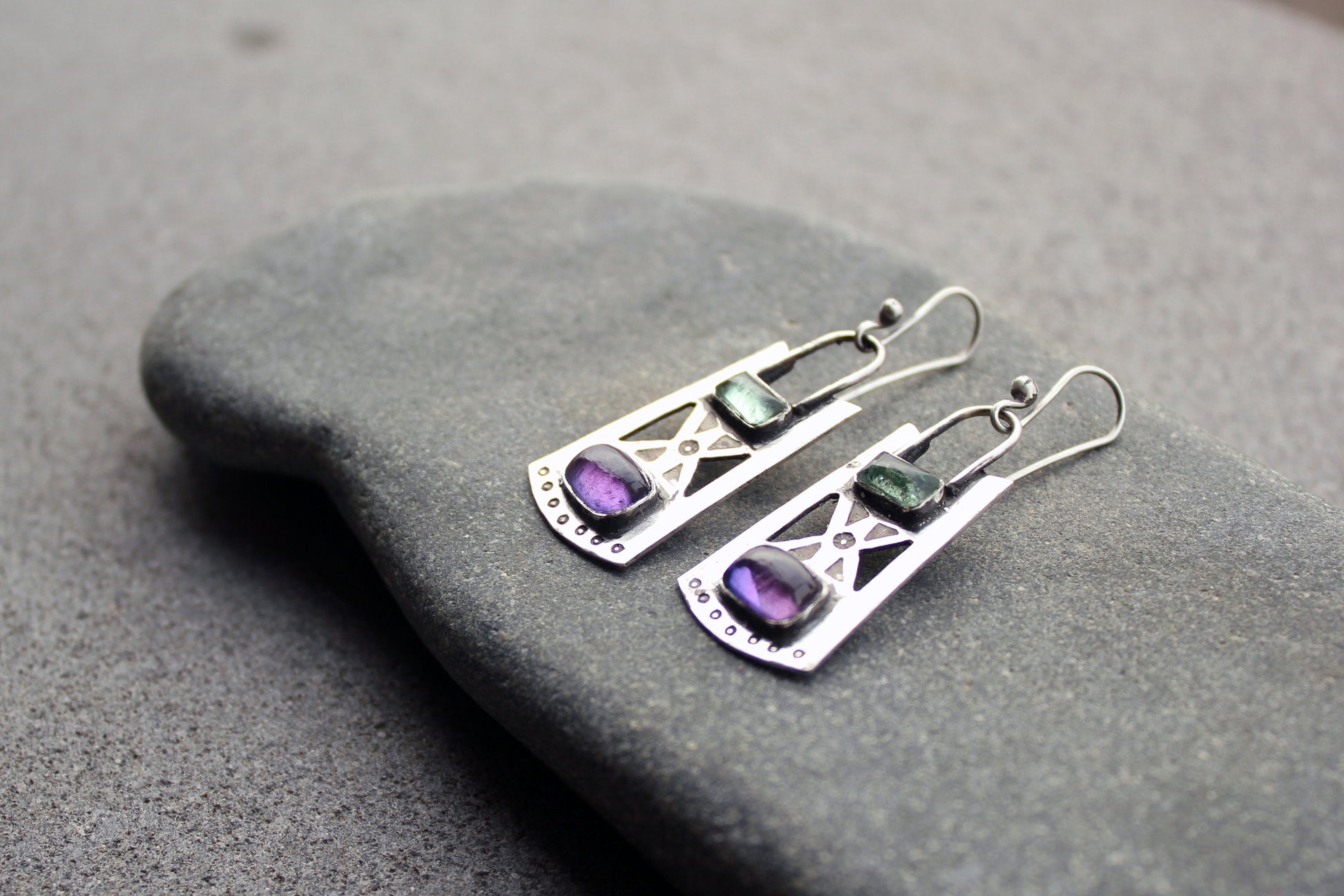 Sterling silver stamped oxidized metalsmith earrings with light green and purple corundum, Armenian, rustic, silversmith, artisan, for her