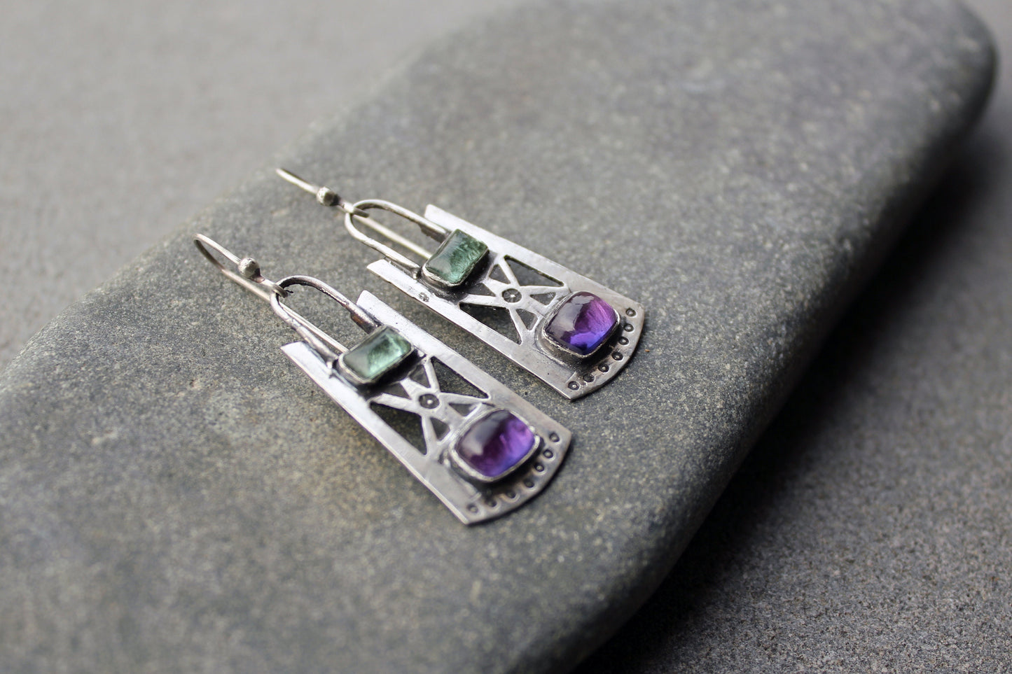 Sterling silver stamped oxidized metalsmith earrings with light green and purple corundum, Armenian, rustic, silversmith, artisan, for her