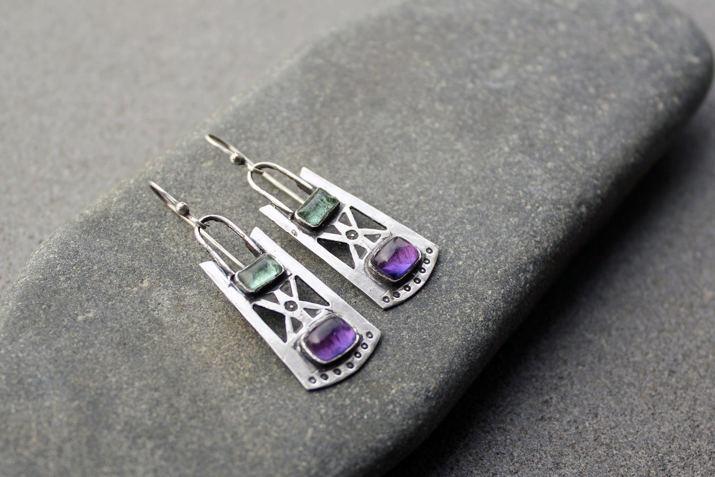 Sterling silver stamped oxidized metalsmith earrings with light green and purple corundum, Armenian, rustic, silversmith, artisan, for her