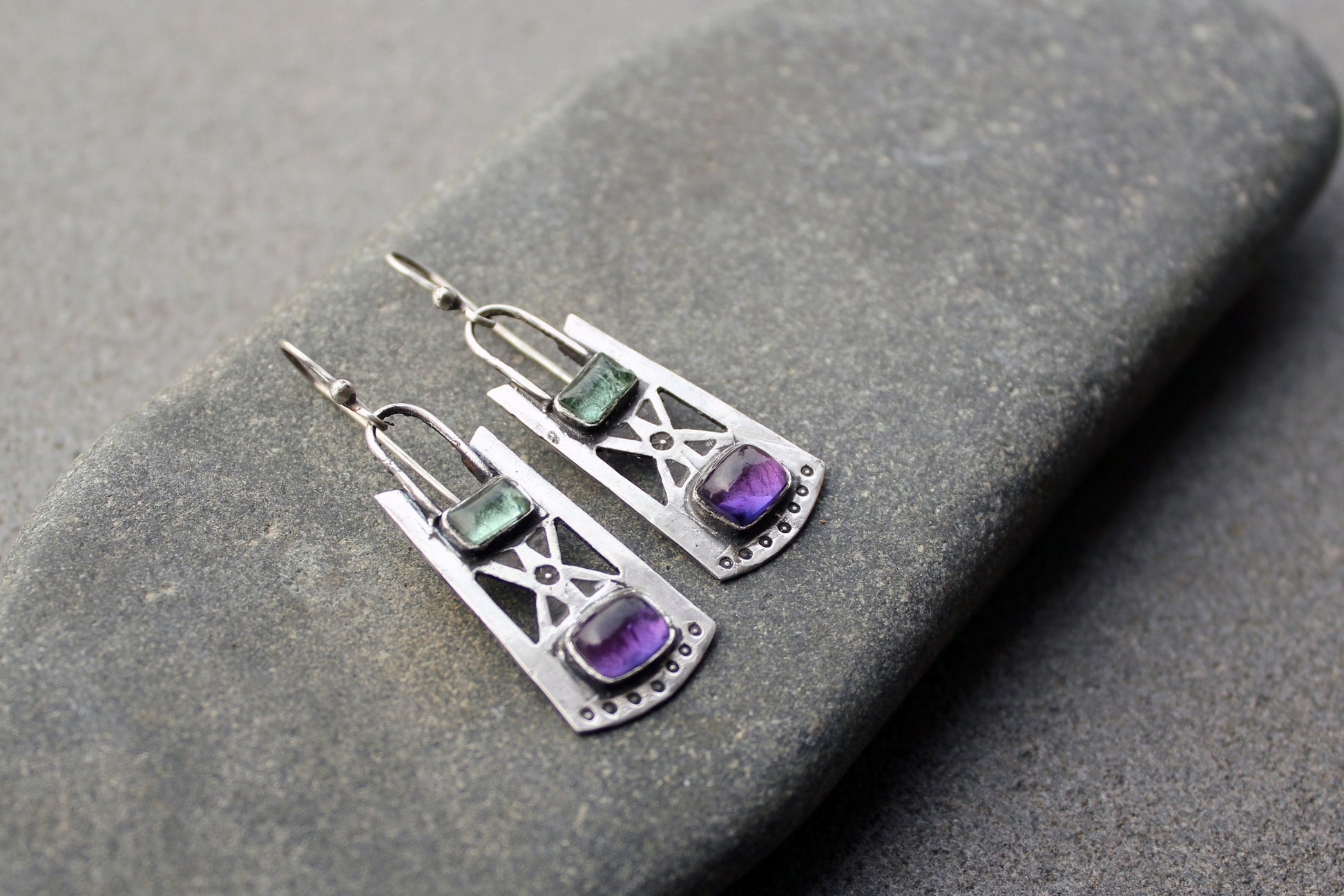 Sterling silver stamped oxidized metalsmith earrings with light green and purple corundum, Armenian, rustic, silversmith, artisan, for her