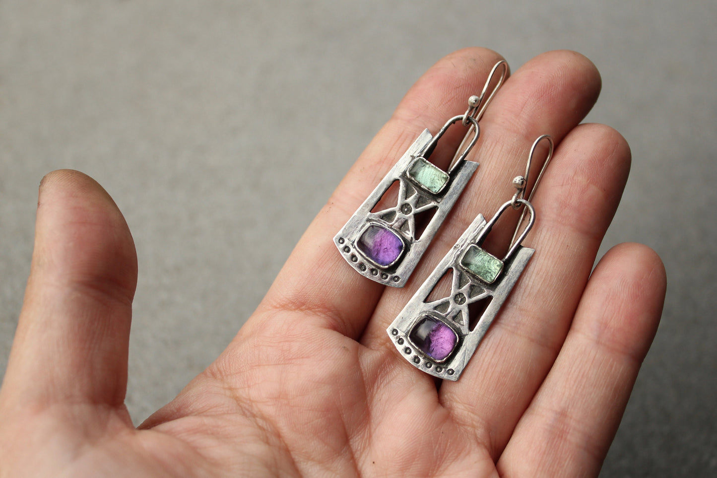 Sterling silver stamped oxidized metalsmith earrings with light green and purple corundum, Armenian, rustic, silversmith, artisan, for her