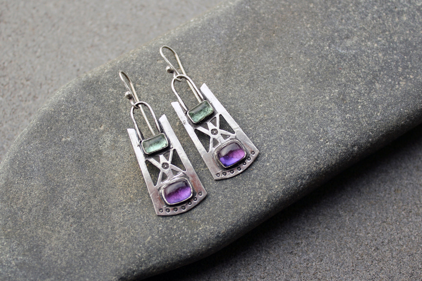 Sterling silver stamped oxidized metalsmith earrings with light green and purple corundum, Armenian, rustic, silversmith, artisan, for her