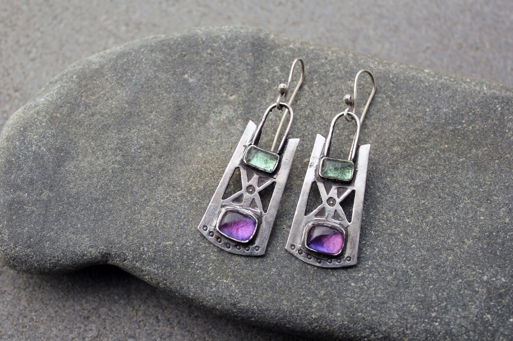 Sterling silver stamped oxidized metalsmith earrings with light green and purple corundum, Armenian, rustic, silversmith, artisan, for her