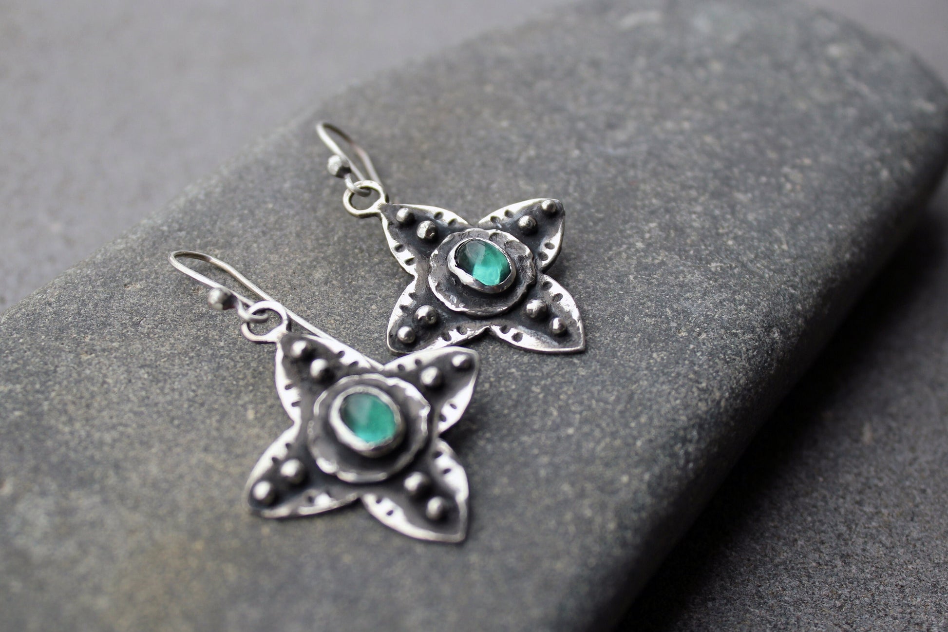 Sterling silver medieval style flower cross earrings with green corundum gemstone, Armenian, rustic, silversmith, artisan, floral, for her