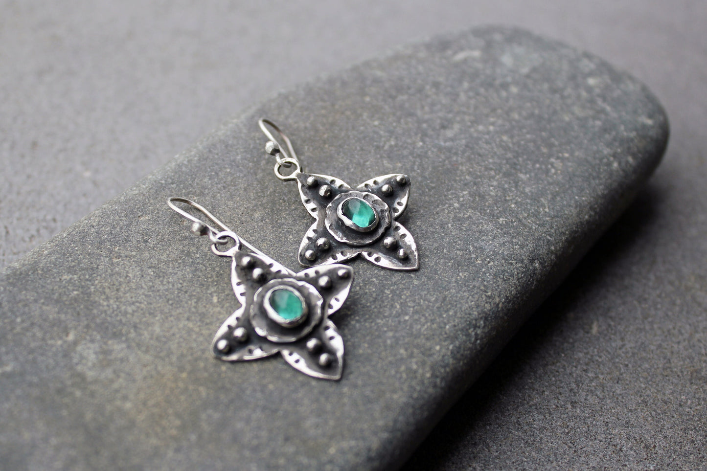 Sterling silver medieval style flower cross earrings with green corundum gemstone, Armenian, rustic, silversmith, artisan, floral, for her